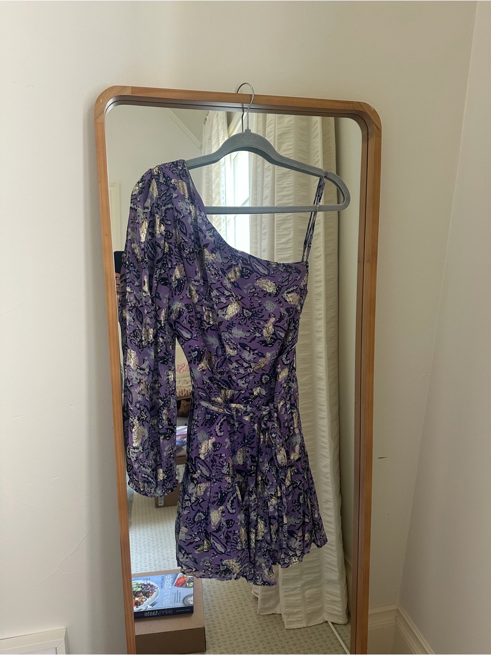 Karina Grimaldi Purple One-Shoulder Printed Mini Dress with Gold Accents